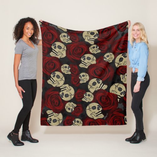 Red Roses  Skulls Grey Black Floral Gothic Fleece Blanket