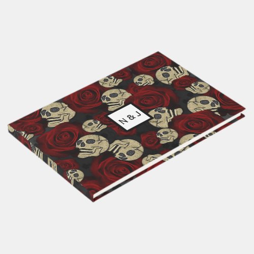 Red Roses  Skulls Grey Black Floral Gothic Guest Book