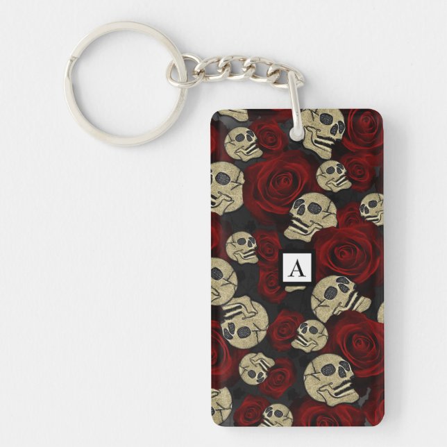 Red Roses & Skulls Grey Black Floral Gothic Keychain (Front)