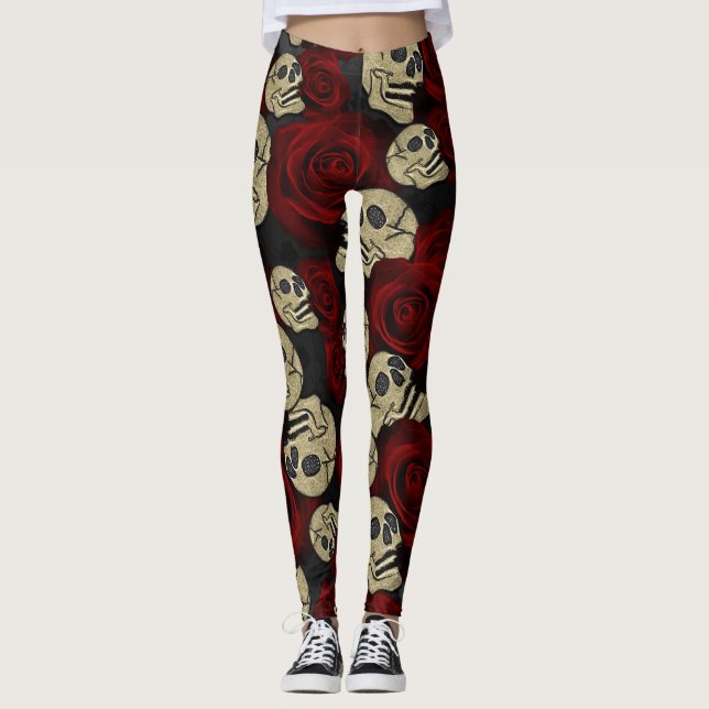 Red Roses & Skulls Grey Black Floral Gothic Leggings (Front)