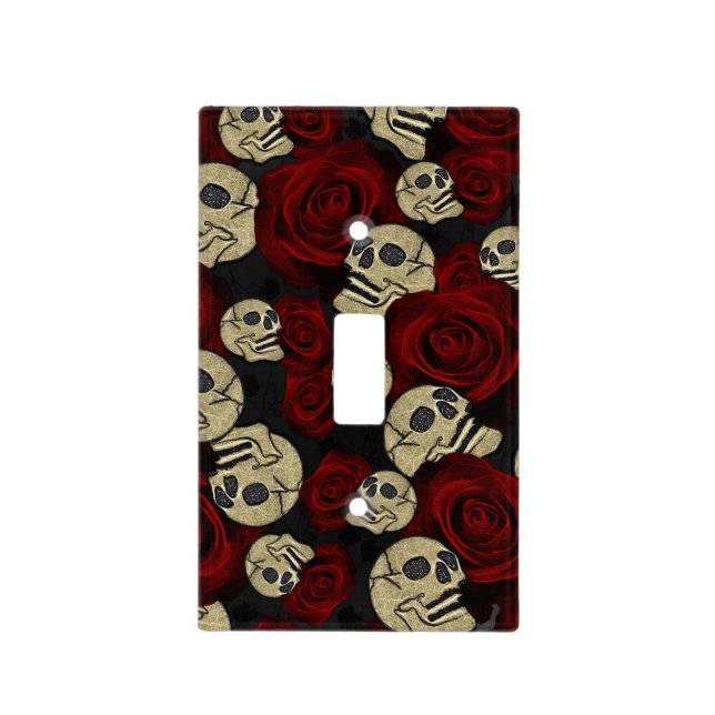 Red Roses & Skulls Grey Black Floral Gothic Light Switch Cover (Front)