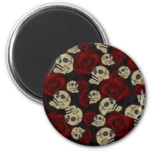 Red Roses  Skulls Grey Black Floral Gothic Magnet