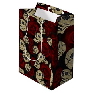Red Roses & Skulls Grey Black Floral Gothic Medium Gift Bag