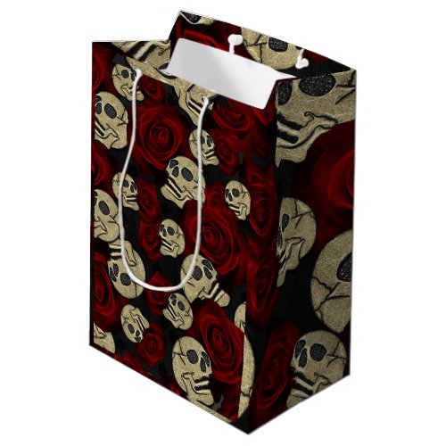 Red Roses  Skulls Grey Black Floral Gothic Medium Gift Bag