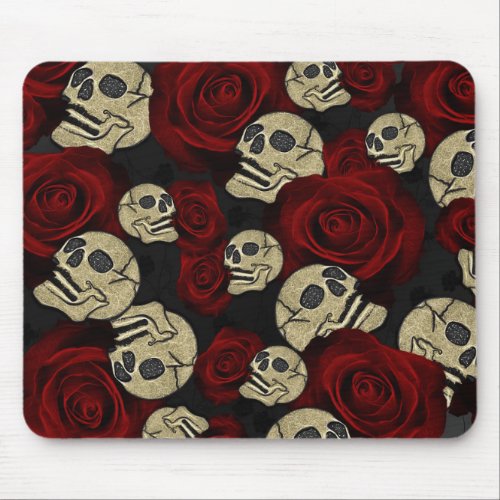 Red Roses  Skulls Grey Black Floral Gothic Mouse Pad