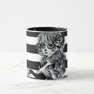 Red Roses & Skulls Grey Black Floral Gothic Mug