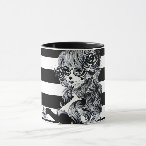 Red Roses  Skulls Grey Black Floral Gothic Mug