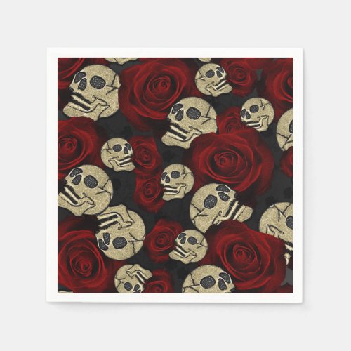 Red Roses  Skulls Grey Black Floral Gothic Napkins