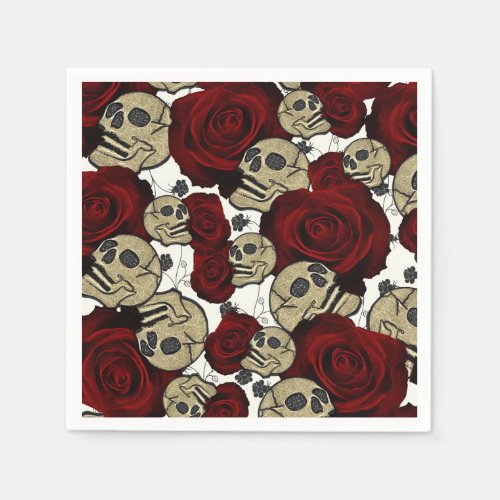 Red Roses  Skulls Grey Black Floral Gothic Napkins