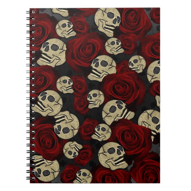 Red Roses & Skulls Grey Black Floral Gothic Notebook (Front)