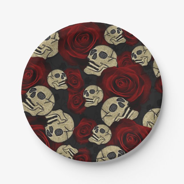 Red Roses & Skulls Grey Black Floral Gothic Paper Plates (Front)