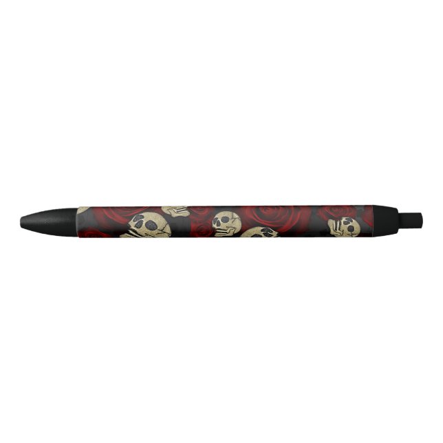 Red Roses & Skulls Grey Black Floral Gothic Pen (Front)