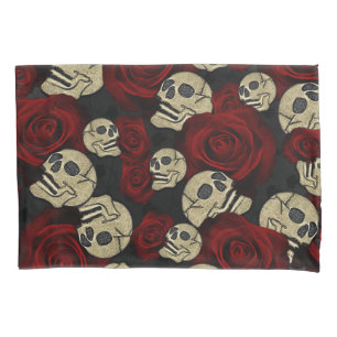 Red Roses & Skulls Grey Black Floral Gothic Pillow Case