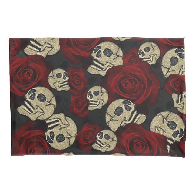 Red Roses & Skulls Grey Black Floral Gothic Pillow Case (Front)