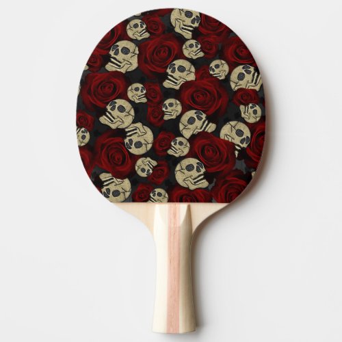 Red Roses  Skulls Grey Black Floral Gothic Ping Pong Paddle