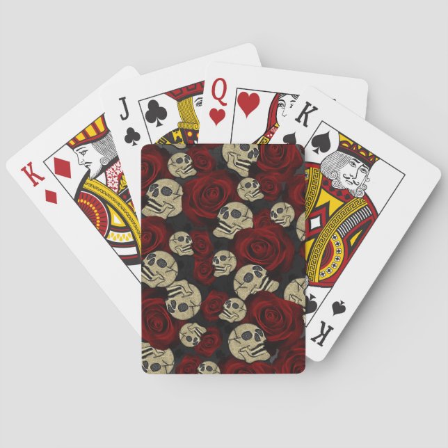 Red Roses & Skulls Grey Black Floral Gothic Poker Cards (Back)