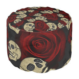 Red Roses &amp; Skulls Grey Black Floral Gothic Pouf