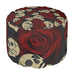 Red Roses & Skulls Grey Black Floral Gothic Pouf