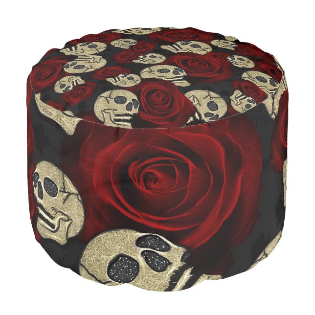 Red Roses & Skulls Grey Black Floral Gothic Pouf (Angled Front)