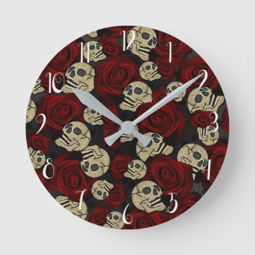 Red Roses  Skulls Grey Black Floral Gothic Round Clock