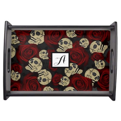 Red Roses  Skulls Grey Black Floral Gothic Serving Tray