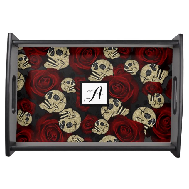 Red Roses & Skulls Grey Black Floral Gothic Serving Tray (Front)