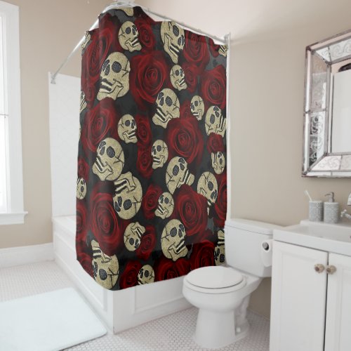 Red Roses  Skulls Grey Black Floral Gothic Shower Curtain