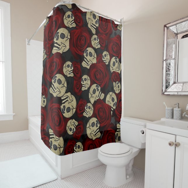 Red Roses & Skulls Grey Black Floral Gothic Shower Curtain (In Situ)
