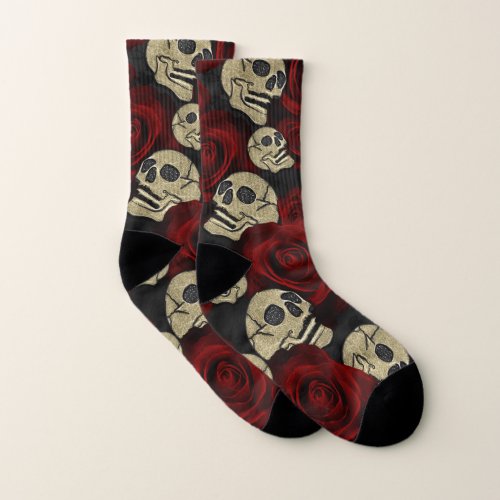 Red Roses  Skulls Grey Black Floral Gothic Socks
