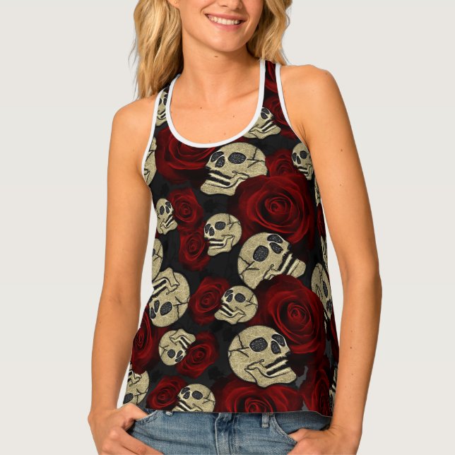 Red Roses & Skulls Grey Black Floral Gothic Tank Top (Front)