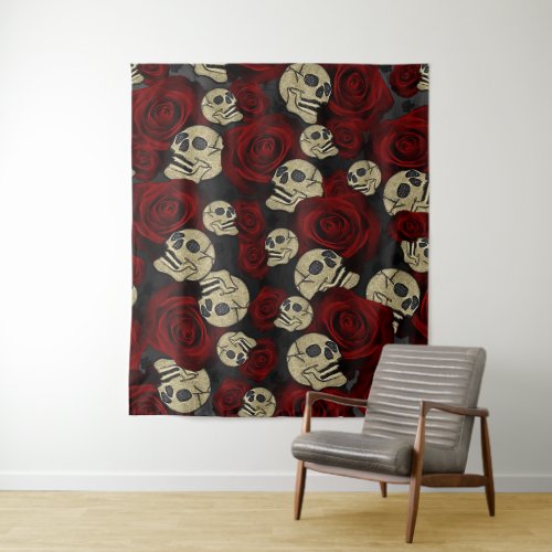 Red Roses  Skulls Grey Black Floral Gothic Tapestry