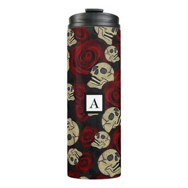 Red Roses & Skulls Grey Black Floral Gothic Thermal Tumbler (Front)