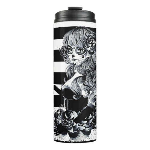 Red Roses  Skulls Grey Black Floral Gothic Thermal Tumbler