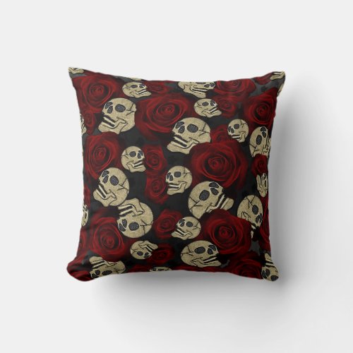 Red Roses  Skulls Grey Black Floral Gothic Throw Pillow