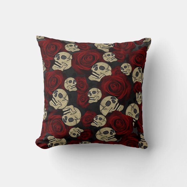 Red Roses & Skulls Grey Black Floral Gothic Throw Pillow (Front)