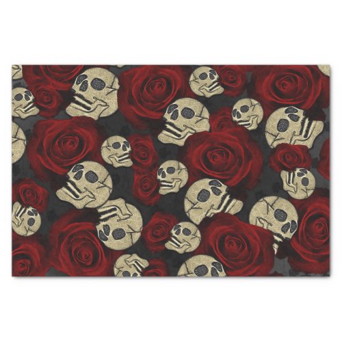 Red Roses  Skulls Grey Black Floral Gothic Tissue Paper