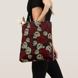 Red Roses & Skulls Grey Black Floral Gothic Tote Bag