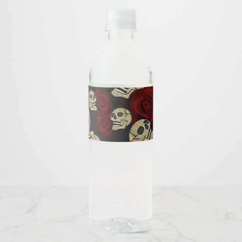 Red Roses  Skulls Grey Black Floral Gothic Water Bottle Label