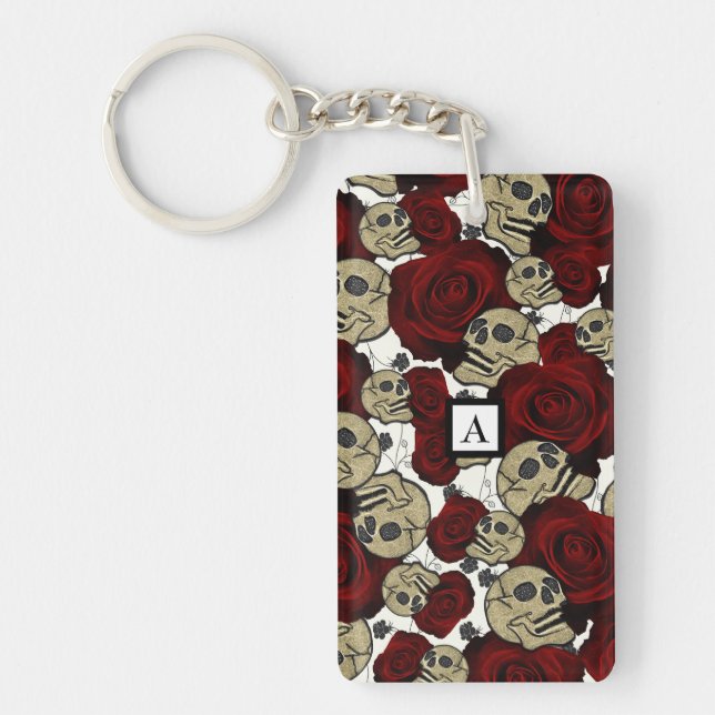 Red Roses & Skulls Grey Black Floral Gothic White Keychain (Front)