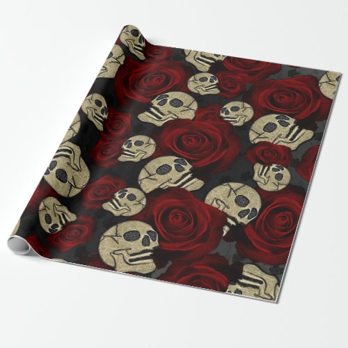 Red Roses  Skulls Grey Black Floral Gothic Wrapping Paper