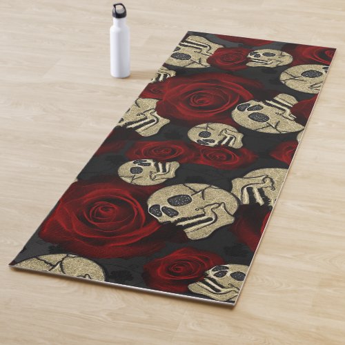 Red Roses  Skulls Grey Black Floral Gothic Yoga Mat