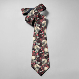 Red Roses & Skulls Spooky Halloween Pattern Neck Tie