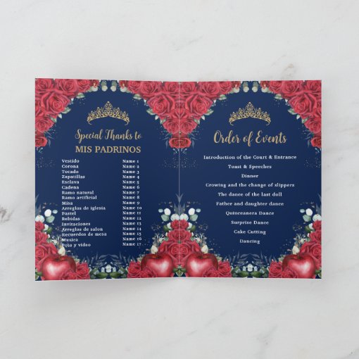 Red Roses Snow White Quinceañera Order of Events Program | Zazzle