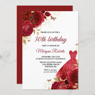 Red Roses Sparkle Dress 30th Birthday Party Invitation