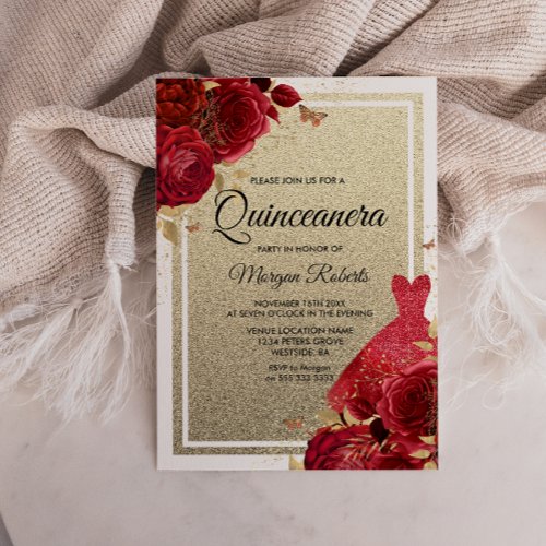 Red Roses Sparkle Dress Glitter Quinceanera Invitation