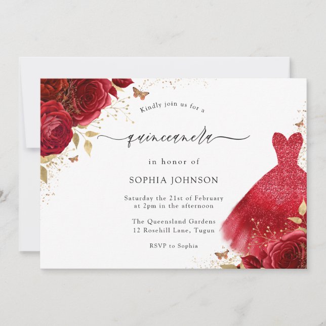 Red Roses Sparkle Dress Gold Quinceanera Party Invitation (Front)