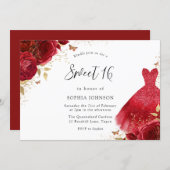 Red Roses Sparkle Dress Gold Sweet 16 Party Invitation (Front/Back)