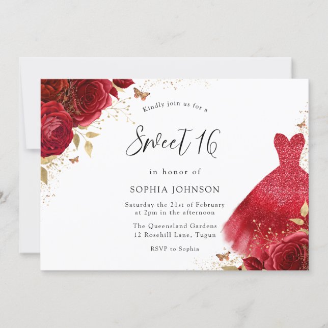 Red Roses Sparkle Dress Gold Sweet 16 Party Invitation (Front)
