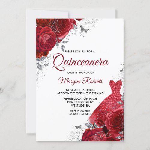 Red Roses Sparkle Dress Silver Quinceanera Invitation