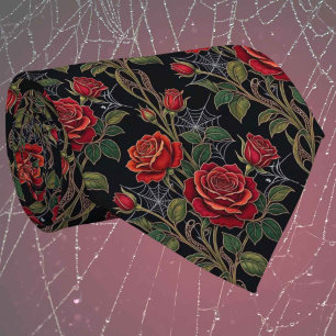 Red Roses & Spider Webs Gothic Art Nouveau Neck Tie